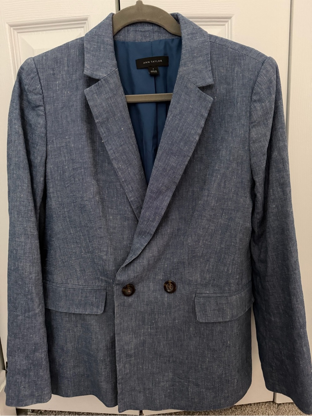 Ann Taylor Blue Double-Breasted Linen-Blend Blazer